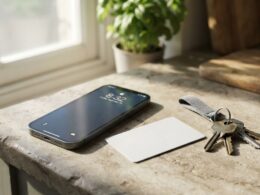 A smartphone beside a blank identity card on a kitchen counter illustrating new age verification laws