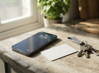 A smartphone beside a blank identity card on a kitchen counter illustrating new age verification laws