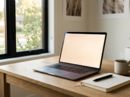 AI assistants at work concept: a minimalist desk with a glowing laptop in warm light