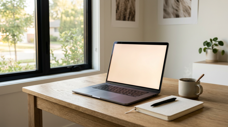 AI assistants at work concept: a minimalist desk with a glowing laptop in warm light