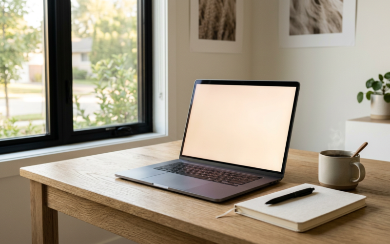 AI assistants at work concept: a minimalist desk with a glowing laptop in warm light