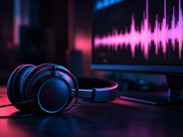 AI music streaming illustrated by studio headphones on a dark desk beside a monitor showing abstract audio waveform bars