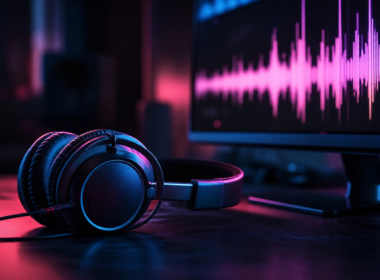 AI music streaming illustrated by studio headphones on a dark desk beside a monitor showing abstract audio waveform bars