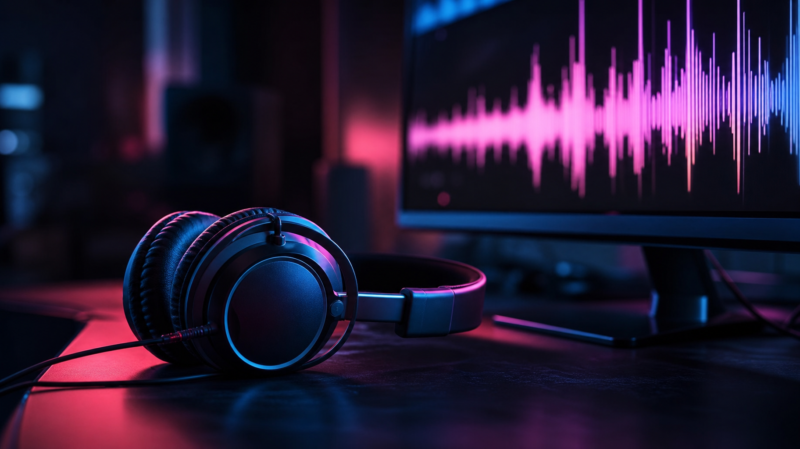 AI music streaming illustrated by studio headphones on a dark desk beside a monitor showing abstract audio waveform bars