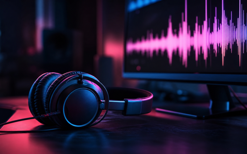 AI music streaming illustrated by studio headphones on a dark desk beside a monitor showing abstract audio waveform bars