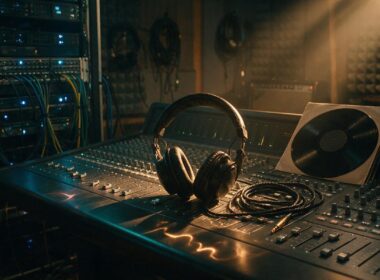 AI music concept with studio headphones on a mixing desk beside a glowing server rack