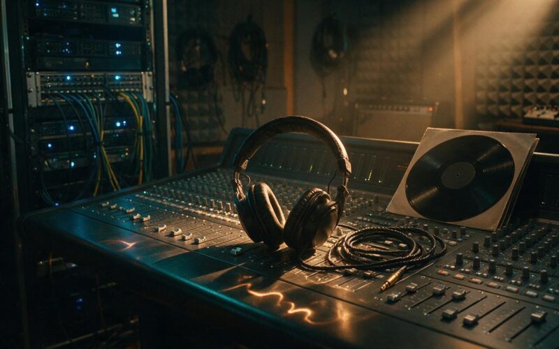 AI music concept with studio headphones on a mixing desk beside a glowing server rack