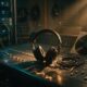 AI music concept with studio headphones on a mixing desk beside a glowing server rack