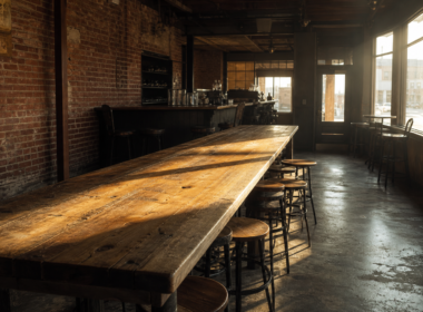 Empty small town taproom with morning sun falling across a long reclaimed wood table