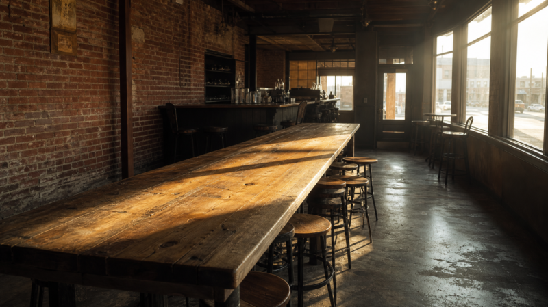 Empty small town taproom with morning sun falling across a long reclaimed wood table