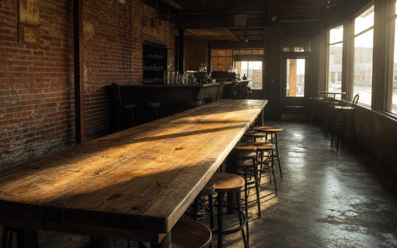 Empty small town taproom with morning sun falling across a long reclaimed wood table