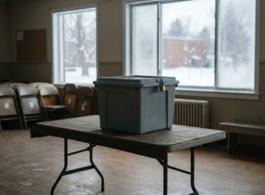 An empty grey ballot box on a folding table in a snowy community hall as Alaska votes on ranked choice voting