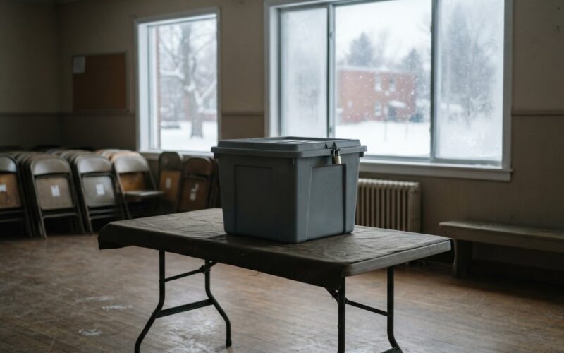 An empty grey ballot box on a folding table in a snowy community hall as Alaska votes on ranked choice voting