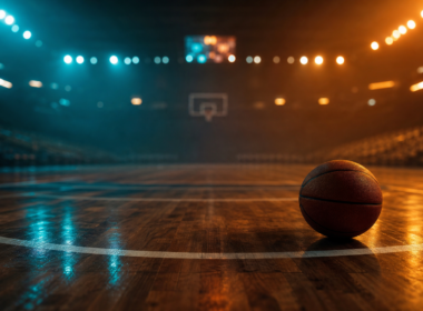 Angel Reese storyline shown by a basketball resting on a hardwood court under split teal and amber arena light