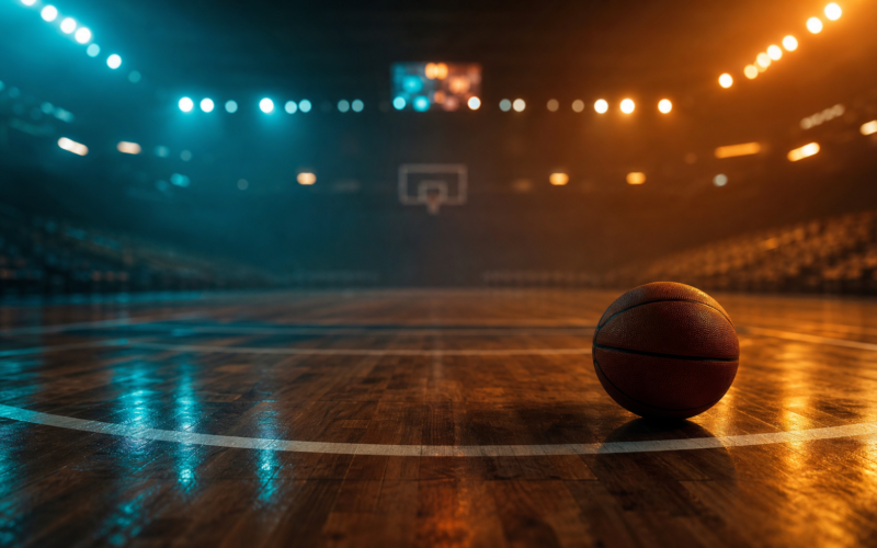 Angel Reese storyline shown by a basketball resting on a hardwood court under split teal and amber arena light