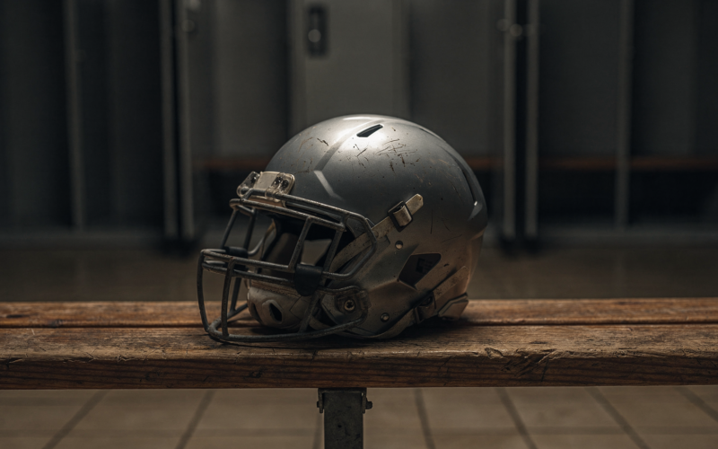 A lone football resting on a field at twilight, evoking a young quarterback at a career crossroads