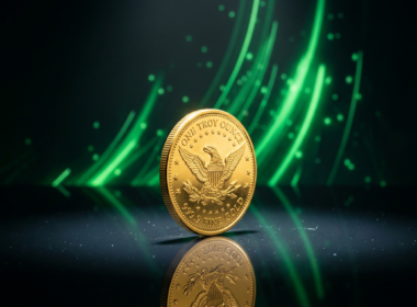 Baby Shiba Inu concept: a gold coin on edge under a spotlight with rising light streaks
