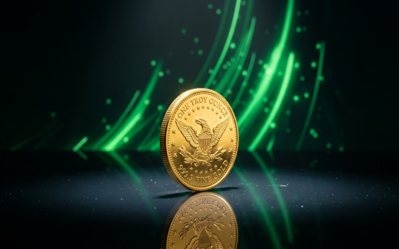 Baby Shiba Inu concept: a gold coin on edge under a spotlight with rising light streaks