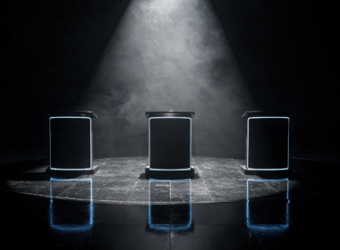 Three illuminated competition podiums in a hazy dark television studio with the center one spotlit, illustrating the BB Blockbuster on Big Brother 28