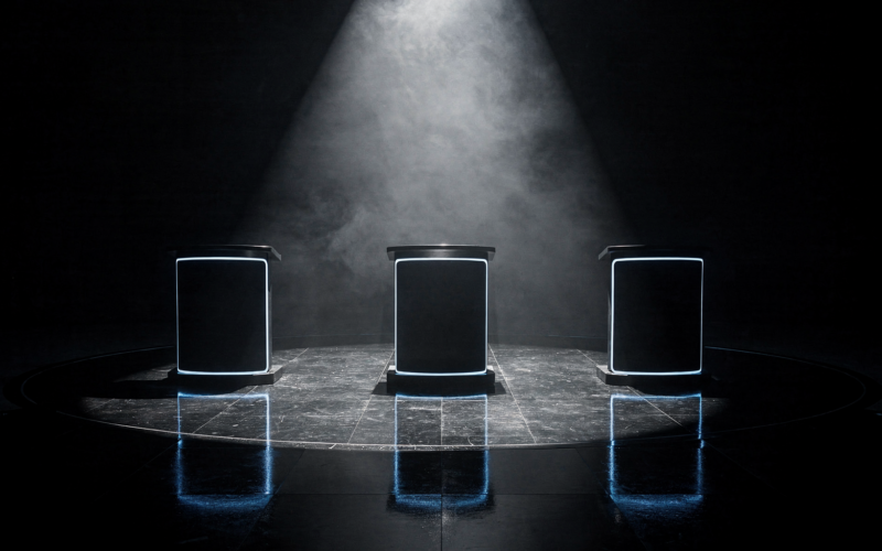 Three illuminated competition podiums in a hazy dark television studio with the center one spotlit, illustrating the BB Blockbuster on Big Brother 28
