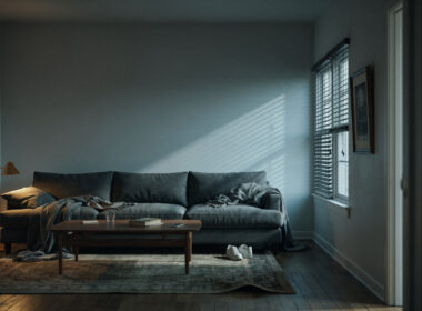 Big Brother 28 overnight spoilers concept, dim empty living room late at night with one lamp on