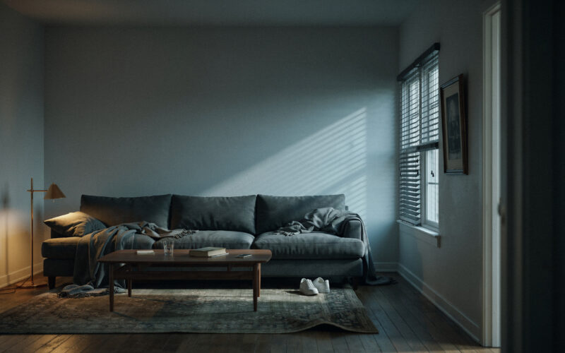 Big Brother 28 overnight spoilers concept, dim empty living room late at night with one lamp on