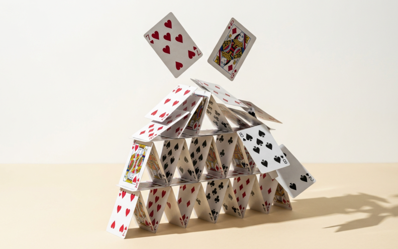 Close macro photograph of a house of cards collapsing on a pale cream surface
