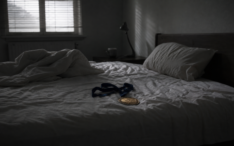 Big Brother 28 veto spoilers concept, gold medallion on a ribbon left on a rumpled bed at dawn