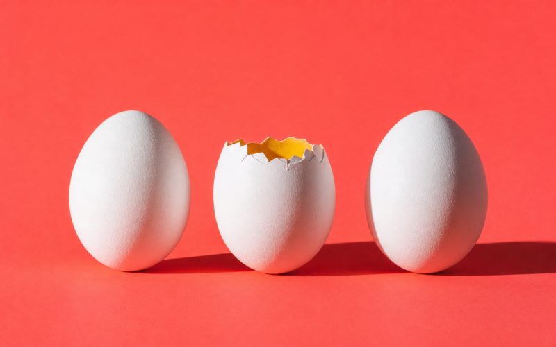 Big Brother 28 veto ceremony concept, three white eggs on coral with the middle one cracked