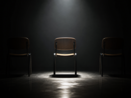 Big Brother 28 Week 7 nominations concept, three empty chairs with only the center one spotlit