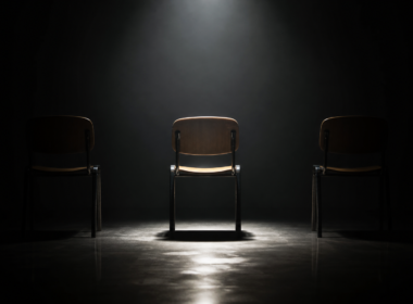 Big Brother 28 Week 7 nominations concept, three empty chairs with only the center one spotlit