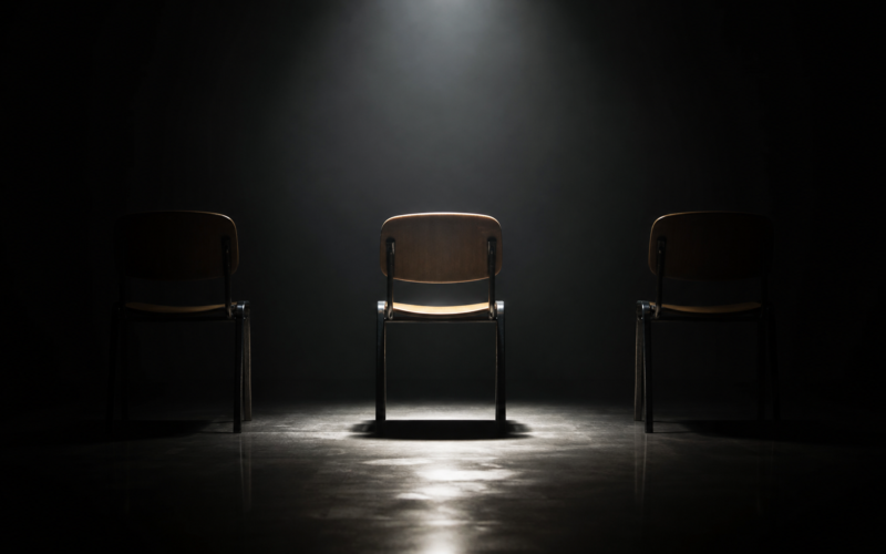Big Brother 28 Week 7 nominations concept, three empty chairs with only the center one spotlit