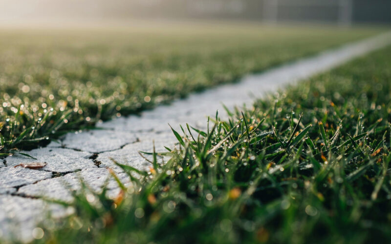 Low angle detail of a painted white goal line on dew covered green turf in morning light