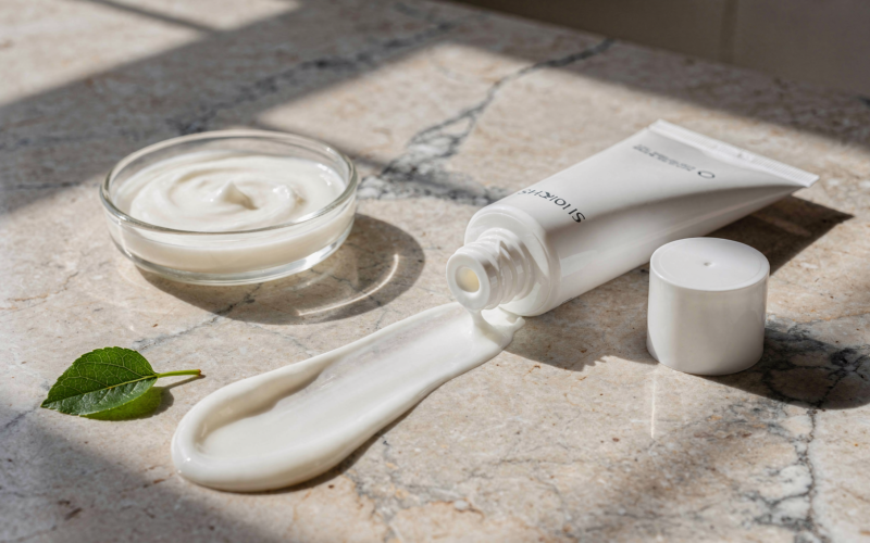 Bemotrizinol sunscreen concept with an unlabeled white tube and a swipe of cream on marble in bright sunlight