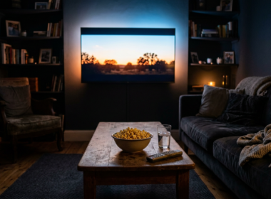 A cozy dark living room with a glowing television screen casting soft light and popcorn on a table