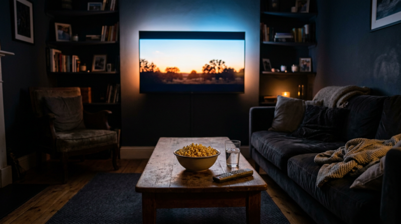 A cozy dark living room with a glowing television screen casting soft light and popcorn on a table