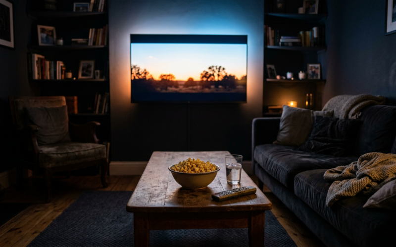 A cozy dark living room with a glowing television screen casting soft light and popcorn on a table