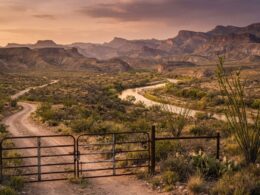 Big Bend National Park closures shown by a closed gate across a desert access road at golden hour