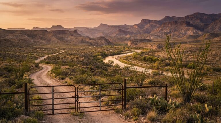 Big Bend National Park closures shown by a closed gate across a desert access road at golden hour