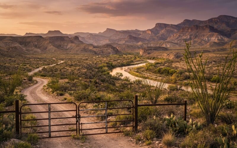 Big Bend National Park closures shown by a closed gate across a desert access road at golden hour