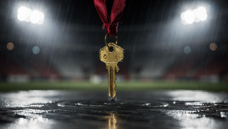 Big Brother 28 Episode 14 recap image showing a brass house key on a red ribbon resting on a wet metal platform under stadium floodlights