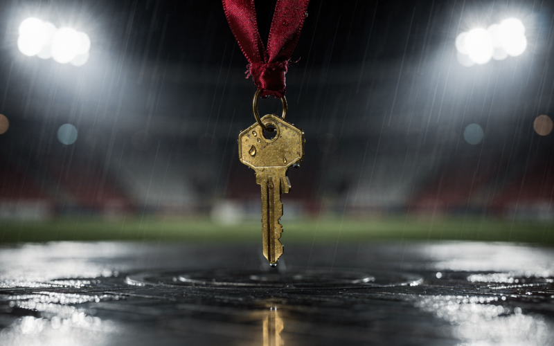 Big Brother 28 Episode 14 recap image showing a brass house key on a red ribbon resting on a wet metal platform under stadium floodlights