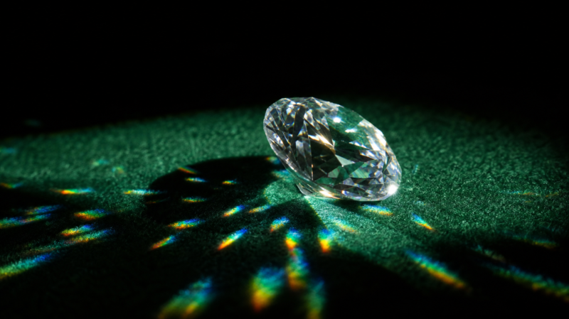 Big Brother 28 Diamond Power of Veto illustrated by a single cut diamond on dark green felt throwing refracted light