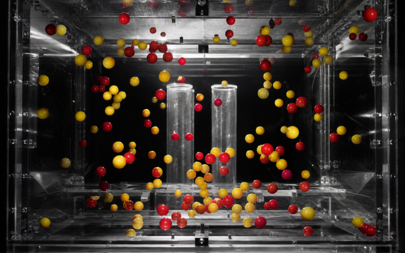 Big Brother 28 Space Race Block Buster shown by red and yellow spheres suspended mid air inside a clear acrylic chamber