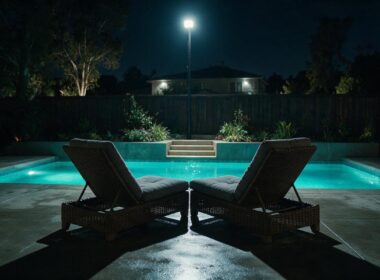 Empty reality show backyard patio at night with two lounge chairs pulled close together under a security light beside a glowing pool, illustrating overnight Big Brother 28 spoilers