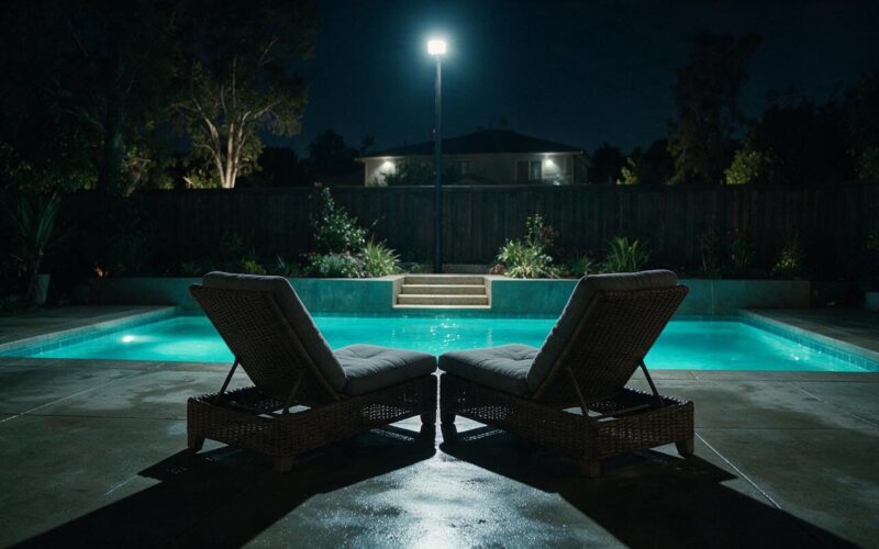 Empty reality show backyard patio at night with two lounge chairs pulled close together under a security light beside a glowing pool, illustrating overnight Big Brother 28 spoilers
