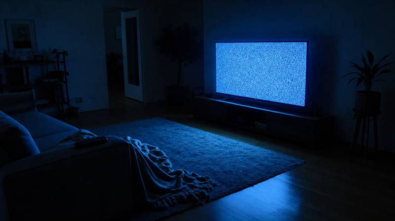 Big Brother 28 Episode 21 anticipation shown by a dim living room with a television glowing on empty static and an unoccupied couch