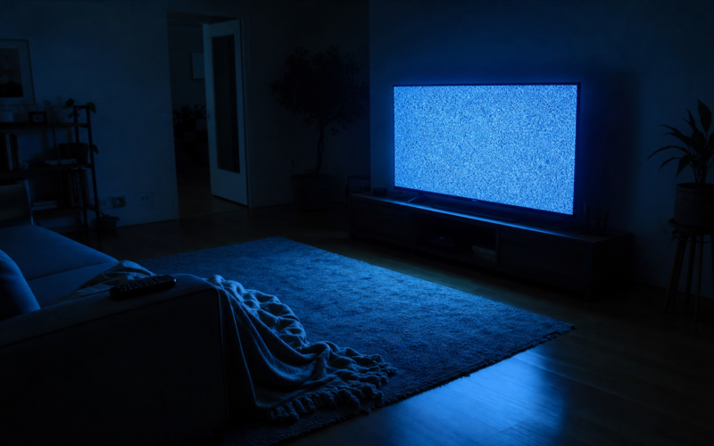 Big Brother 28 Episode 21 anticipation shown by a dim living room with a television glowing on empty static and an unoccupied couch