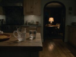 A dim kitchen counter with two half empty glasses late at night reflecting the overnight Big Brother 28 spoilers from the live feeds
