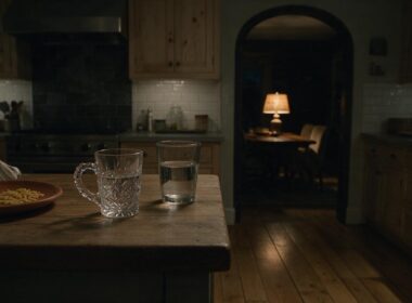 A dim kitchen counter with two half empty glasses late at night reflecting the overnight Big Brother 28 spoilers from the live feeds